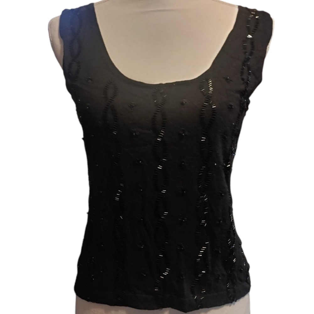 Grace Collection Elegant Black Sleeveless Top Black On Black Beading